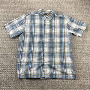 QUIKSILVER Shirt Men Large L Blue White Brown Plaid Button Up Casual Pocket Surf